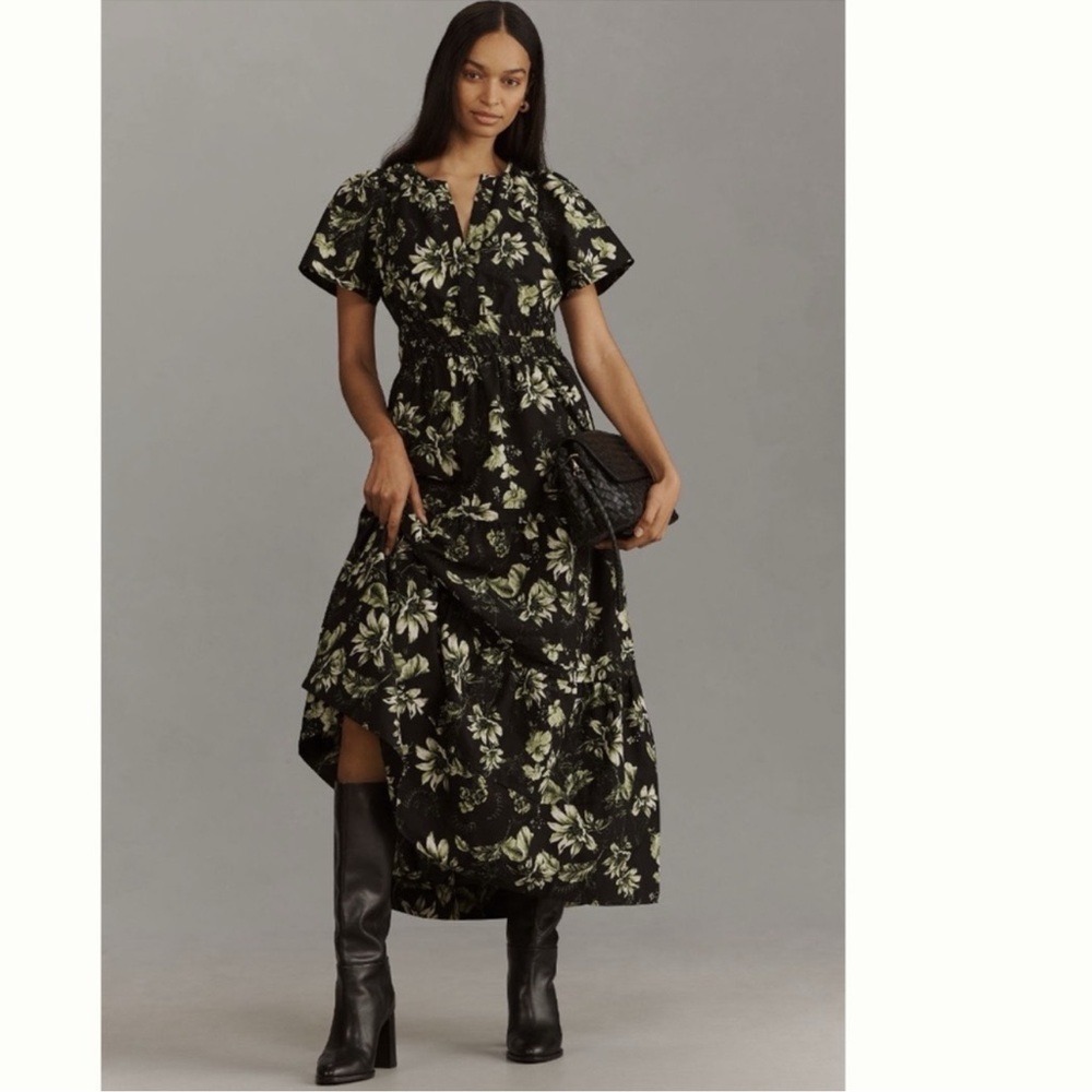 Anthropologie The Somerset Maxi Dress Black Green Floral Cotton Size S